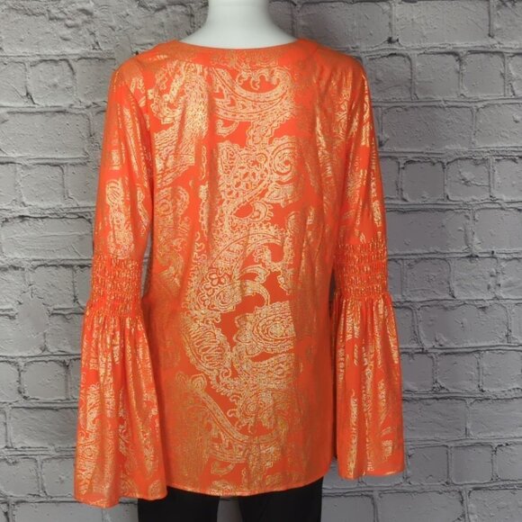 MICHAEL KORS Poppy Gold SAMARA Bell Sleeve V Neck Blouse, Women's Small - Picture 6 of 12